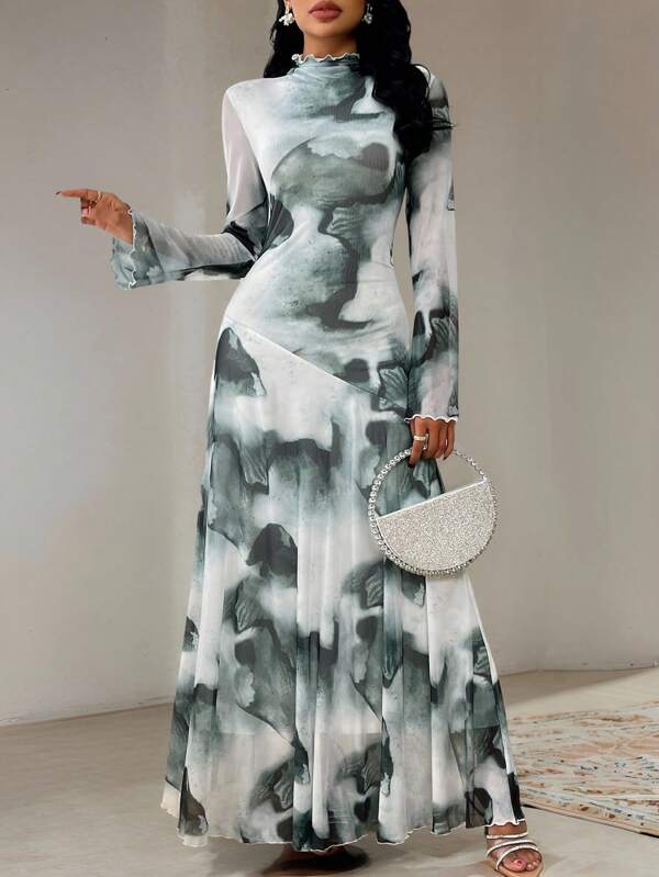 Veilorie Women's Elegant Tie Dye Print Stand Collar Dress