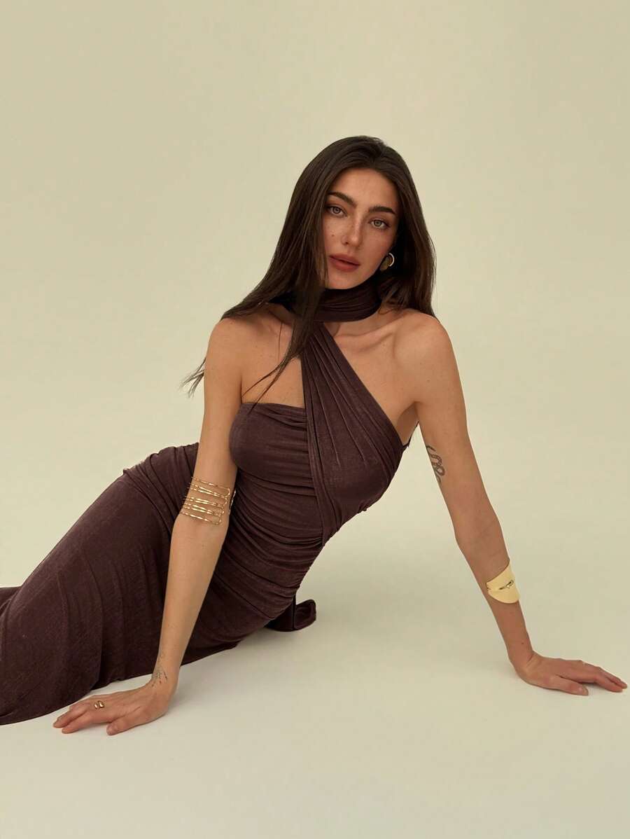 Aloruh Elegant One Shoulder Ruffle Draped Design Slim Fit Pleated Glitter Maxi Straight Evening Dress Vacation Dress - Brown - View 1