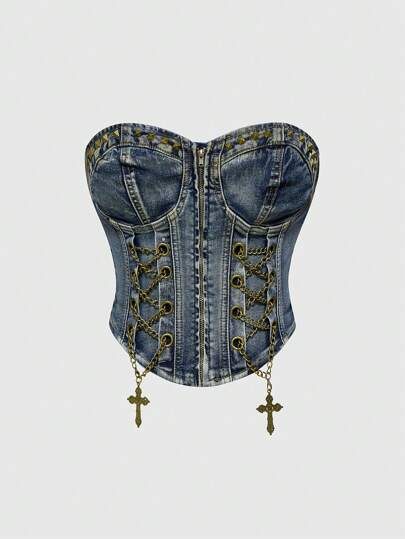 ROMWE Avant Gal-Style Distressed Vintage Washed Side Metal Cross Pendant Denim Bustier Crop Top