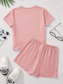 SHEIN 青少年女孩休闲简约短袖短裤两件套，适合夏季 - 粉色 - 查看 4
