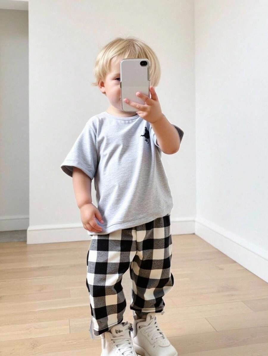 SHEIN 2pc Baby Boy Casual Embroidered Pattern Round Neck Short Sleeve T-Shirt & Plaid Print Loose Pajama Pants Set - Black and White - View 1