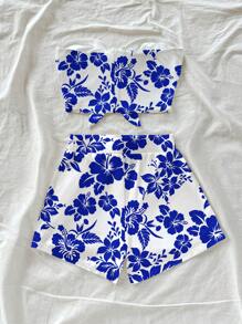 Soleia 2 件套女士花卉印花系带短款上衣和短裤套装，适合度假