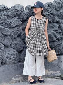 DAZY 2 件套青少年女童格子圆领无袖上衣和裤子套装，秋季时尚，返校服装 - 黑與白 - 查看 7