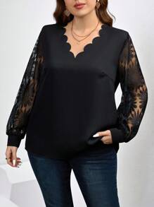 Chikora Camicetta donna taglie forti con scollo a V, effetto patchwork con girasole, inserti in pizzo e balze sulle maniche, adatta alla primavera - nero - Visualizzare 5