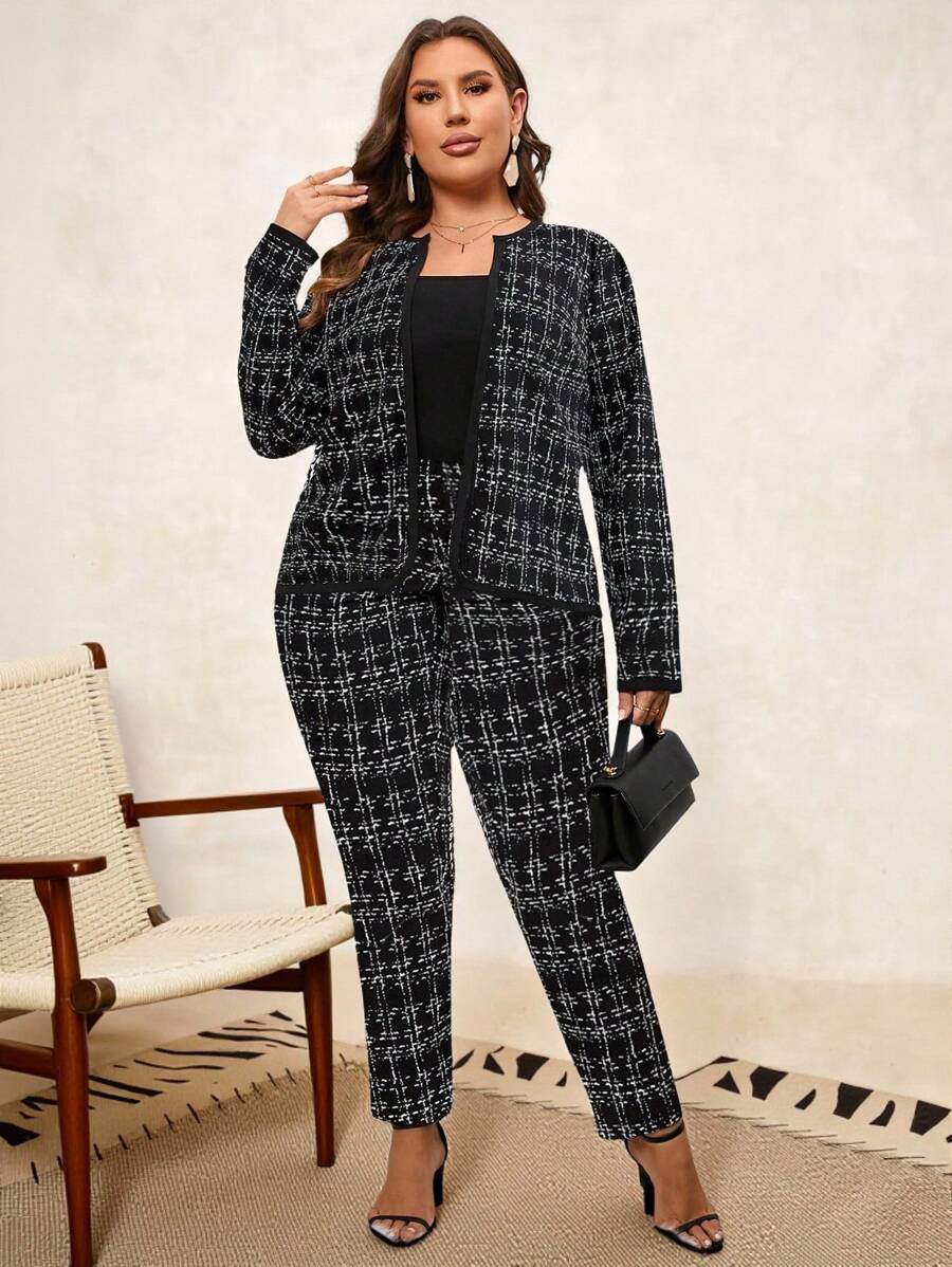 SHEIN Clasi Bộ 2 món/Bộ đồ vest dài tay in họa tiết kẻ caro cỡ lớn và quần dài mặc thường ngày - Nhiều màu - Xem 1