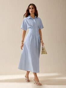 SHEIN Tall Women's Summer Waist Cinched Pleat Single-Breasted Stripe Short Sleeve Shirt Dress - Blue and White - View 7