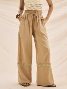 Easelle Women's Lace Patchwork Wide Leg Khaki Pants, Suitable For Travel & Outdoor - Khaki - View 7