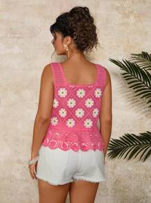 Travachic 大码女式雏菊图案镂空无袖针织上衣 - 粉色 - 查看 2