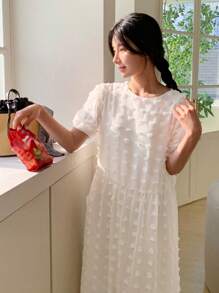 DAZY 女士纹理短袖透视中长连衣裙，舒适 - 白色 - 查看 5