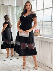 SHEIN Clasi Curve Plus Size 女式亮片拼接露肩下摆拼接亮片蕾丝长裙、小黑裙、飘逸连衣裙、鸡尾酒会礼服女 - 黑色 - 查看 4
