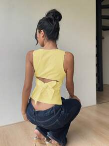 Aloruh Women's Commuting & Daily Wear Backless Bow Decor Round Neck Sleeveless Shirt, Yellow Top - Yellow - View 6