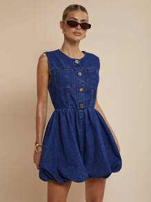 COSMINA Women's Sleeveless Woven Denim Bubble Dress Short Blue Jean Dress With Unique Balloon Silhouette