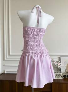 SHEIN EZwear Vestido mini de cuello de halter a rayas con decoración floral 3D para vacaciones de verano - Rosa - Ver 2
