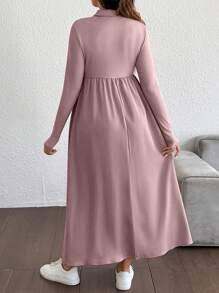 SHEIN 纯色孕妇半开拉链前肩长袖连衣裙 - 粉色 - 查看 2
