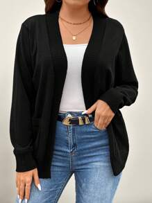 SHEIN LUNE Plus Solid Dual Pocket Cardigan For Spring & Autumn, For Winter