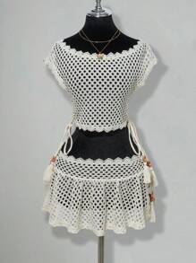 SHEIN ICON 女士时尚海滩度假钩针编织网眼比基尼泳装套装 7 月 4 日女士服装