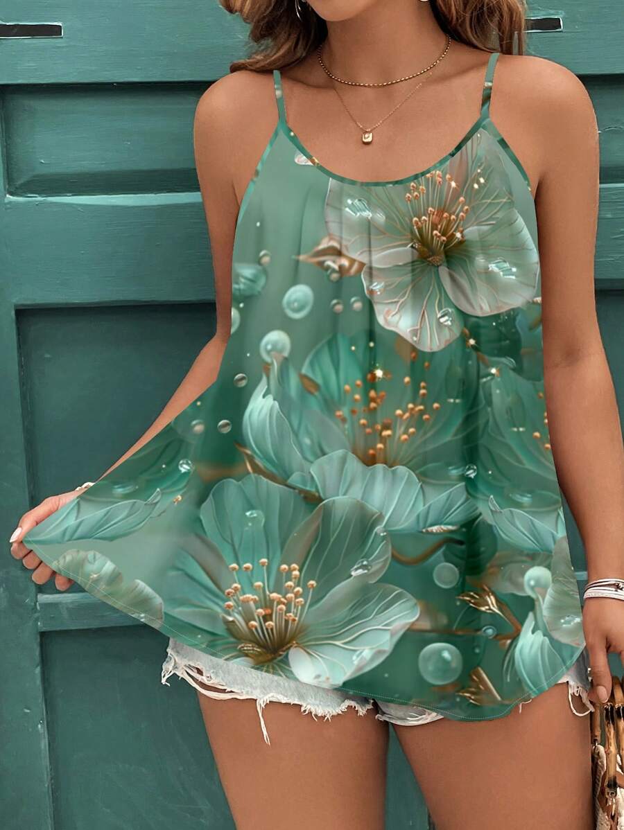 EMERY ROSE 大码女式水彩花卉印花休闲优雅度假吊带背心和背心，适合夏季 - 綠色 - 查看 1