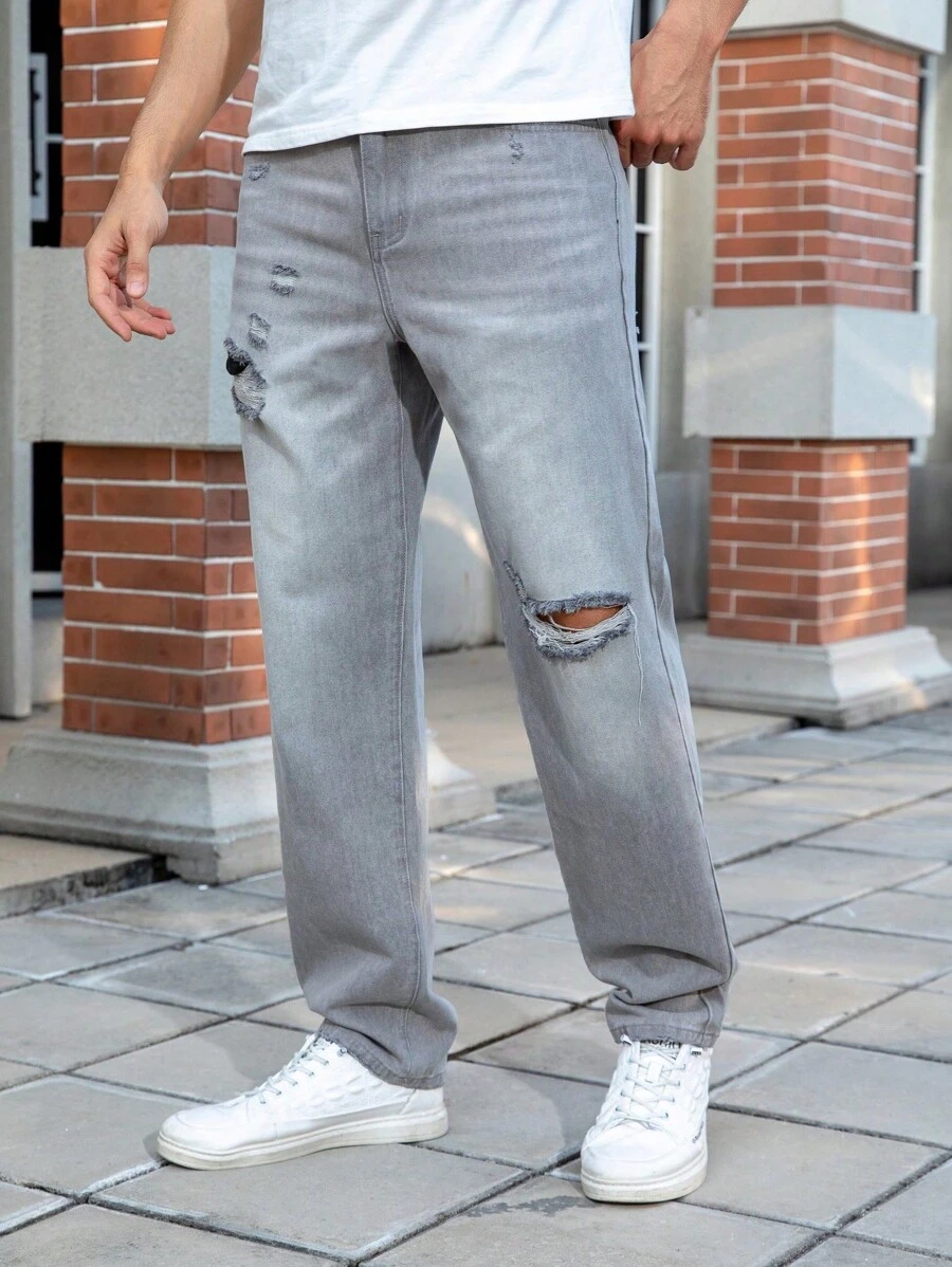 Manfinity Homme Plus Size Men's Pocket Distressed Straight Loose Casual Versatile Denim Jeans Men Streetwear Jeans