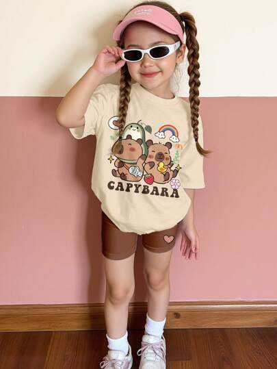 SHEIN Happikins Cute Capybara "Chill Summer" Young Girls Casual Loose T-Shirt And Tight Cycling Shorts 2 Pieces Set, Suitable For Summer