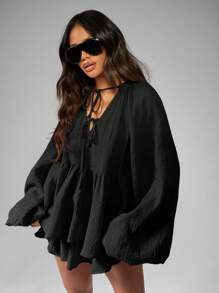 MISSGUIDED 波西米亚风格多层粗棉布衬衫搭配飘逸短裤度假装节日海滩度假夏季休闲装节日必备品 - 黑色 - 查看 1