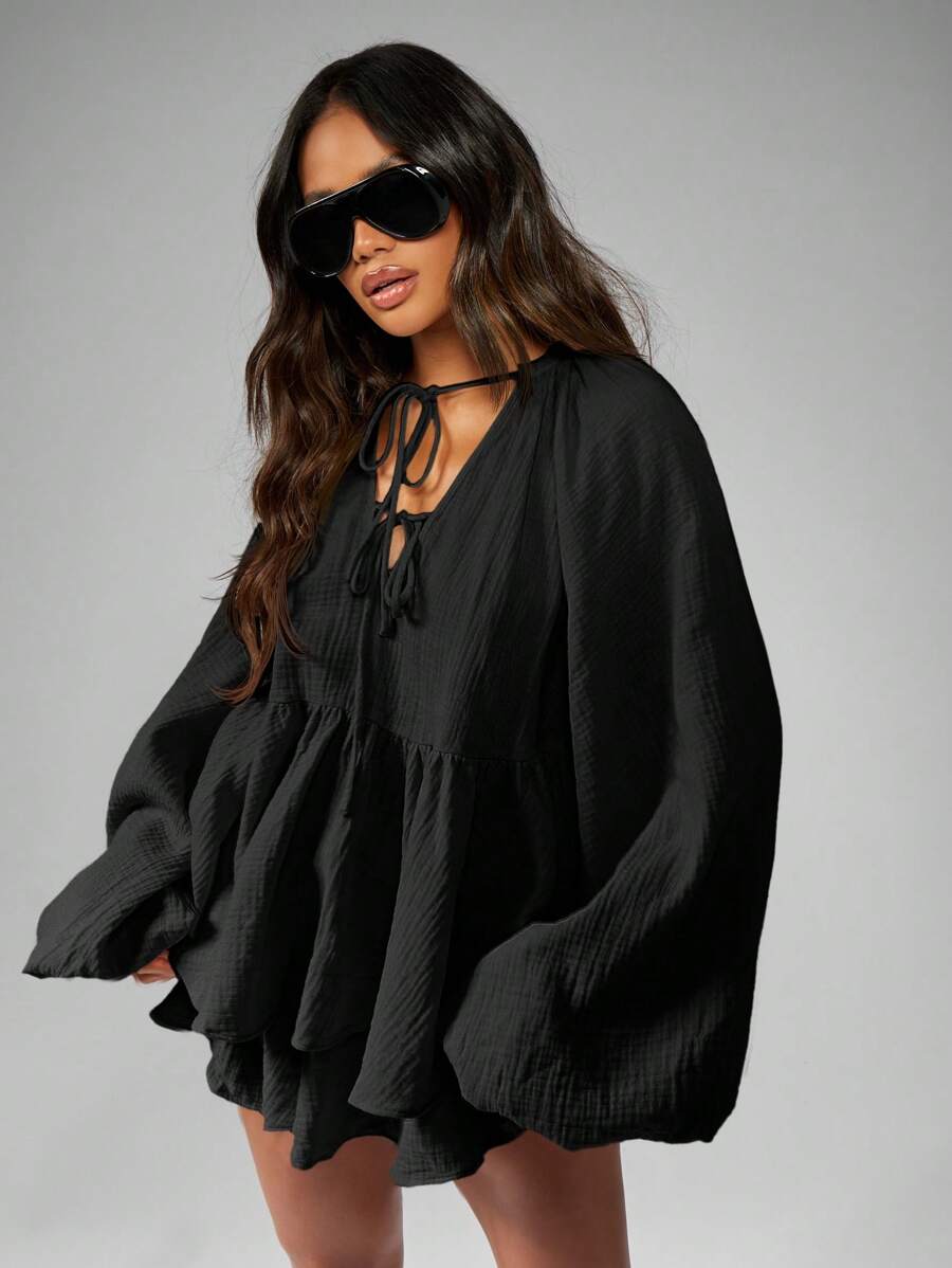 MISSGUIDED 波西米亚风格多层粗棉布衬衫搭配飘逸短裤度假装节日海滩度假夏季休闲装节日必备品 - 黑色 - 查看 1