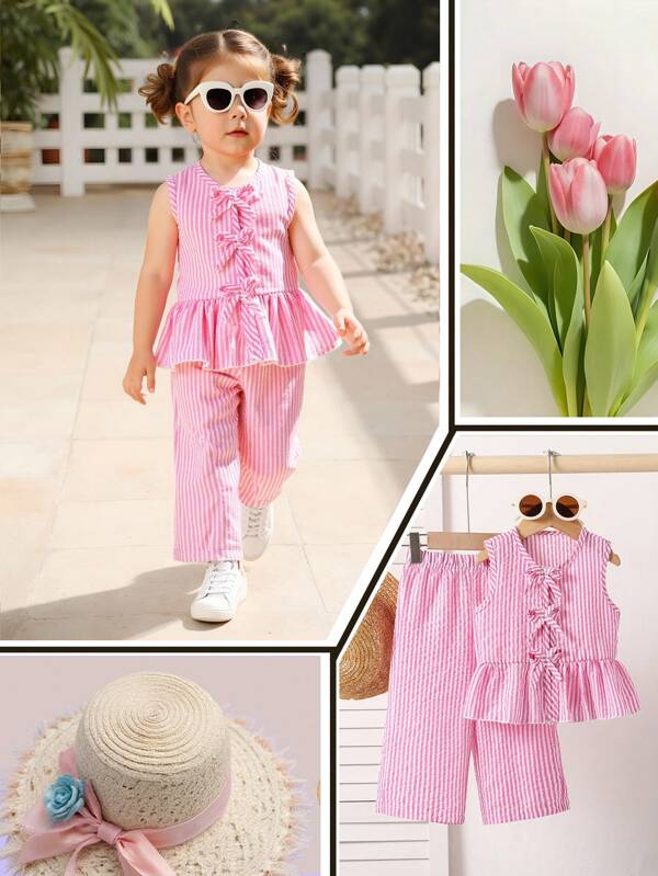 SHEIN Set de 2 piezas de pantalones de pierna ancha y top sin mangas a rayas para bebés/niñas pequeñas de 0 a 3 años, conjunto informal, dulce y diario para primavera/verano