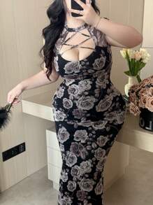 Vibekara Retro Elegant Hollowed-Out Mandarin Collar Cheongsam Style Mini Dress With Slit, Fitted Slim Summer Sexy Floral Print Party Dress For Young Women - Black - View 1