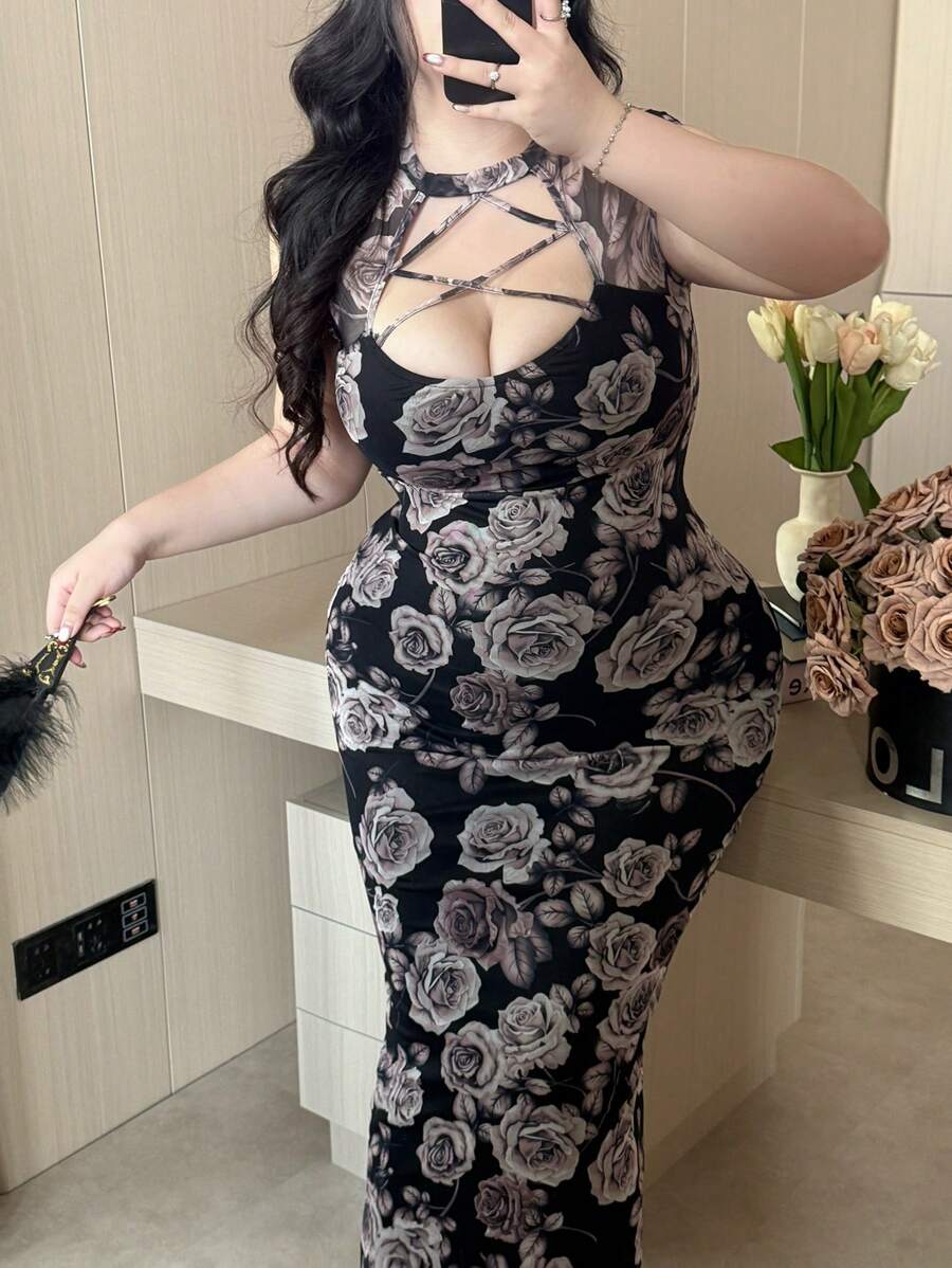 Vibekara Retro Elegant Hollowed-Out Mandarin Collar Cheongsam Style Mini Dress With Slit, Fitted Slim Summer Sexy Floral Print Party Dress For Young Women - Black - View 1