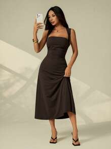 SHEIN PETITE 纯色修身优雅无袖圆领连衣裙，夏季 - 棕色 - 查看 5