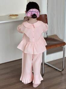DAZY Young Girl (Small) Cute Peter Pan Collar Puff Sleeve Shirt + Mid-Length Flared Hem Relaxed Casual Pants 2-Piece Set, Summer - Pink - View 8