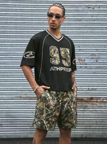 AXEPEAK 2pcs/Set Multi-Pack Little V-Neck Loose Fit Digital Print T-Shirt And Elastic Waist Shorts Summer Outfit - Multicolor - View 1