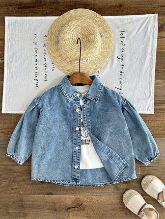 SHEIN Losse lange denim blouse voor jonge meisjes met omgeslagen kraag en elastische manchetten