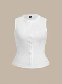 SHEIN BASICS Áo ba lỗ dệt kim màu trơn cỡ lớn, thường ngày - trắng - Xem 5