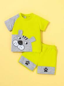 SHEIN Set estivo bambino ragazzo con maglietta a maniche corte con disegni a cartoni animati e pantaloncini - Giallo - Visualizzare 1