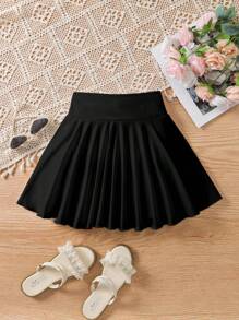 SHEIN 青少年女孩高腰纯色弹力运动裙裤，带侧袋，防闪烁，适合夏季户外活动，可作为礼物 - 黑色 - 查看 2