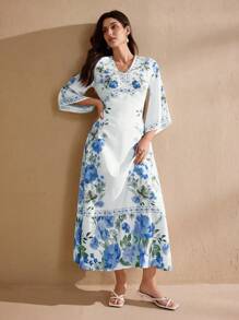 Graceveil 小V领不对称袖定位花沙滩裙