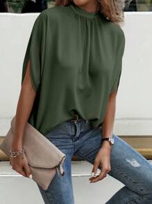 EMERY ROSE Women's Summer Solid Stand Collar Casual Pleated Batwing Sleeve Blouse - Army Green - View 5