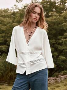 Lumivelle 新款夏季女装时尚宽松竖褶饰边V领衬衫，白色法式休闲蕾丝花边V领长袖开衫，春夏 - 白色 - 查看 4