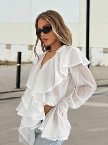 SHEIN ICON Áo cánh tay chuông viền bèo nhún cổ chữ V sâu cỡ lớn cho nữ - trắng - Xem 4