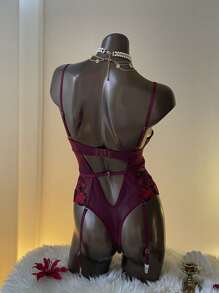 Aloruh Lingerie sexy et chic en dentelle violet foncé ajustée et dos nu en une pièce pour femmes - Prune - Voir 2