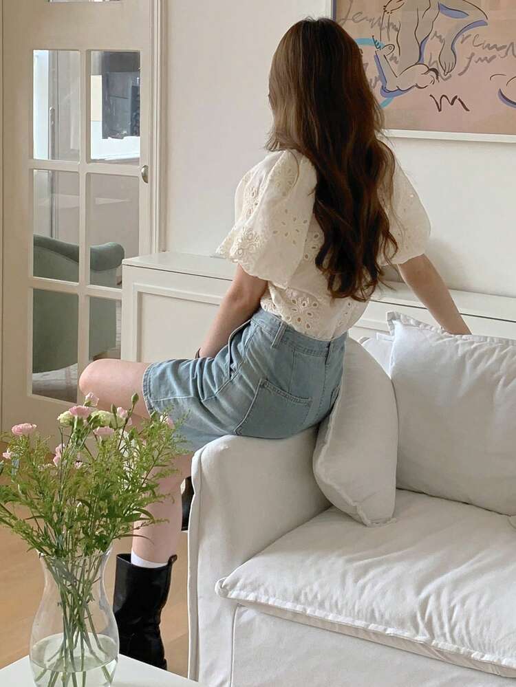 Women Heavy Lace Puff Sleeve Blouse, Korean Style Versatile For Summer