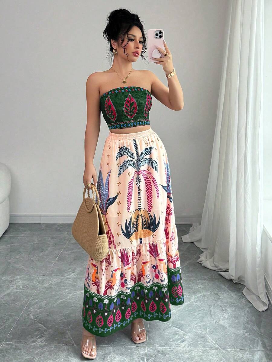 SHEIN Unity 2pcs/Set Women Casual Vacation Printed Bandeau Top And Skirt Set - Dark Green - View 1