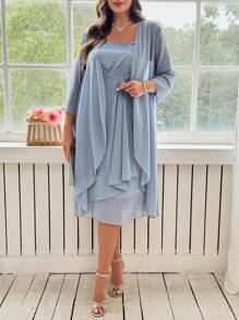 Ellevyn Plus Size Elegant And RomanticChiffon Two Pieces Set: Summer Elegant Flowing Chiffon Coat And Multi-Layered Ruffled Chiffon Waist Rhinestone Decoration Dress Spring/Summer Outfits For Women - Baby Blue - View 8