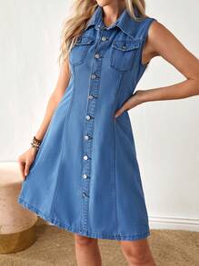 SHEIN LUNE 女式夏季单扣休闲无袖牛仔连衣裙 - 中等水洗藍 - 查看 3