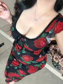 Vibekara Đầm suông tay lỡ in hoa buộc dây phía trước cỡ lớn cho nữ thanh lịch - Nhiều màu - Xem 5