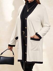 Chikora 大码女式优雅舒适金属纽扣长款保暖开衫，黑白配色，适合秋季穿着，女士防风外套，商务休闲女装 - 黑與白 - 查看 7
