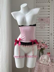 PetitDoll 2pcs Satin Vintage Corset With Ruffles, Bowknot, Contrast Color, Attractive Silhouette, Wearable, Matching Essential For Women, Music Festival & Party - Pink - View 3