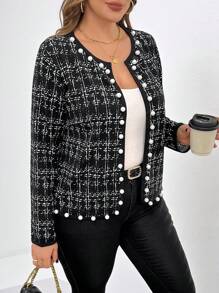 SHEIN Clasi Plus Size Women Tweed Print Beaded Decor Jacket, Suitable For Teachers Winter Fall Autumn - Black and White - View 3