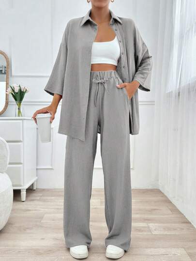 EURMUSE Women 2pcs Set Front Button Long Sleeve Top And Front Tie Long Pants, Minimalist Style