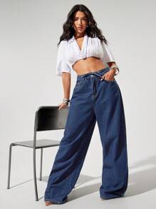 Denimoi Drawstring Belt Baggy Fit Denim Jeans - Dark Wash - View 5